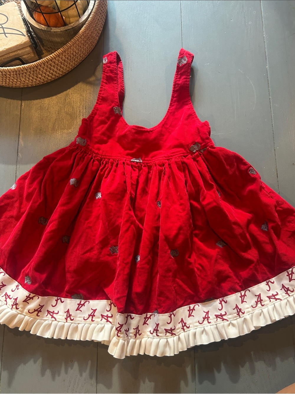 Red Corduroy Girls' Dress with White Ruffle Hem